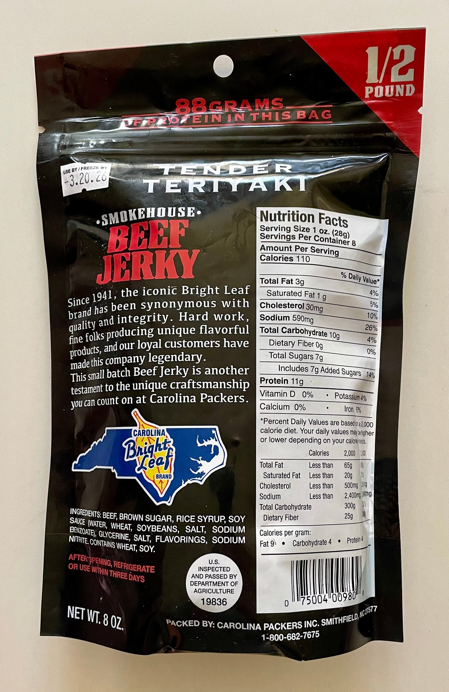 Bright Leaf Beef Jerky Tender Teriyaki 1/2 POUND BAG!